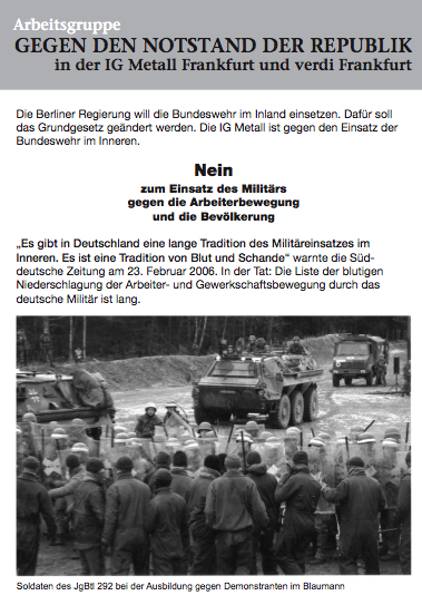Bild der Flugschrift gegen den Einsatz der Bundeswehr im Innern